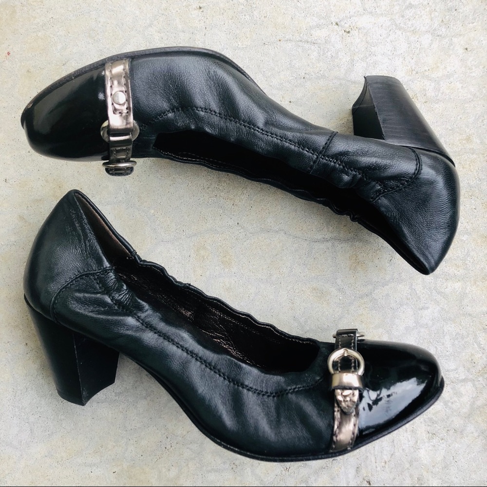 AGL Black Patent Leather cap toe pumps heels